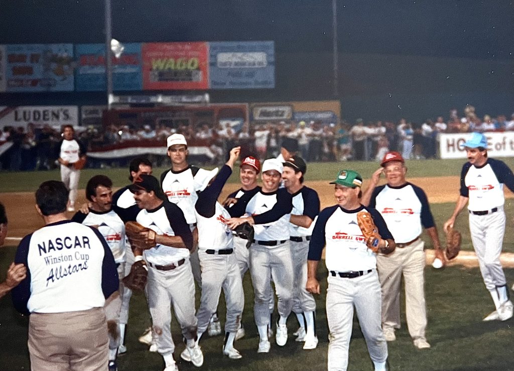 NASCAR drivers on the field at the 1990 NASCAR vs. NHRA Darrell Gwynn Inaugural Charity Softball Game